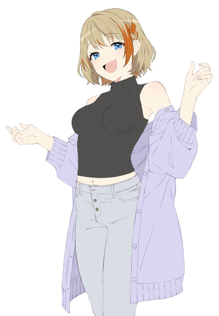 1girl :d akitetsu black_shirt blue_eyes blush braid breasts buttons cowboy_shot grey_pants highres light_brown_hair looking_at_viewer medium_breasts midriff multicolored_hair nanashi_inc. navel official_alternate_costume open_mouth orange_hair pants purple_shirt shirt shirt_partially_removed short_hair simple_background sleeveless sleeveless_shirt smile solo touri_sei touri_sei_(2nd_costume) turtleneck two-tone_hair virtual_youtuber white_background