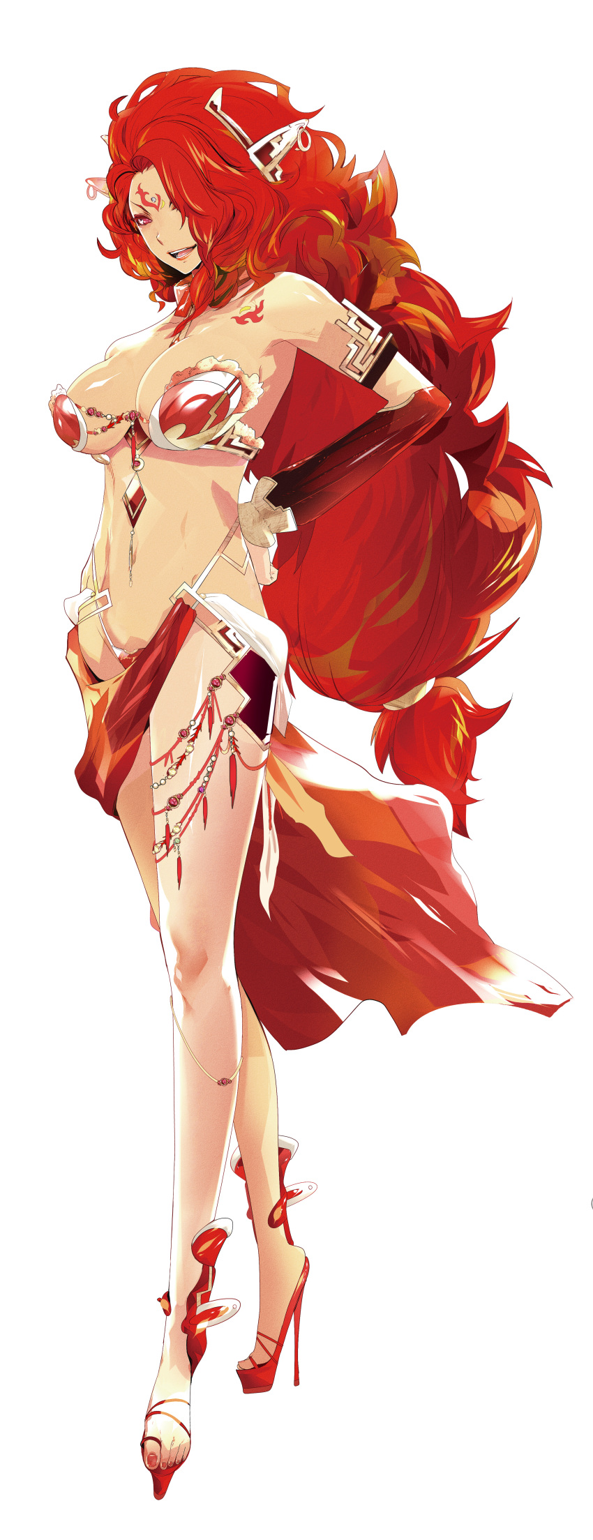 1girl :d absurdres armlet armpits bandeau beads big_hair bikini breasts cleavage clenched_hand collar colored_eyelashes detached_sleeves ear_covers earrings facial_mark feathers feet female_focus forehead_jewel forehead_mark from_side full_body gem groin hair_over_one_eye hand_on_own_hip harem_outfit high_heels highleg highleg_bikini highres hip_bones hoop_earrings jewelry kagero:_darkside_princess kagero_deception kagerou:_darkside_princess lace lace-trimmed_bikini lace_trim large_breasts legs lipstick long_hair long_legs looking_at_viewer lots_of_jewelry low-tied_long_hair maeda_hirotaka makeup multicolored_hair nail_polish navel official_art open_mouth pendant platform_sandals pointy_ears red_bikini red_eyes red_hair red_lips sandals sarong scan scrunchie simple_background smile solo standing swimsuit tattoo tecmo toenail_polish toenails veruza wavy_hair white_background