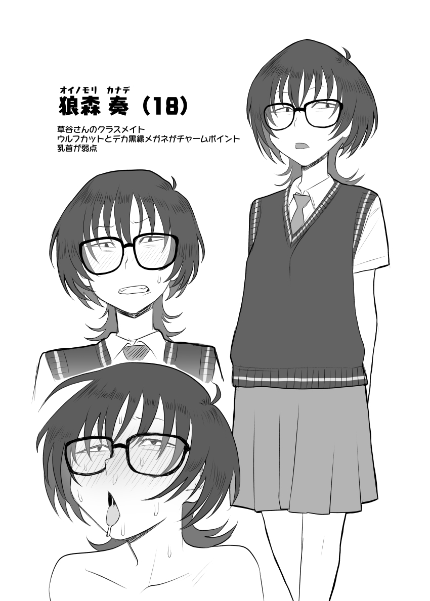 1girl absurdres arms_behind_back asian bare_shoulders blush clenched_teeth commentary_request glasses greyscale highres koma_neko medium_skirt monochrome necktie oinomori_kanade original pleated_skirt saliva skirt sweat sweater_vest teeth tongue tongue_out torogao translation_request