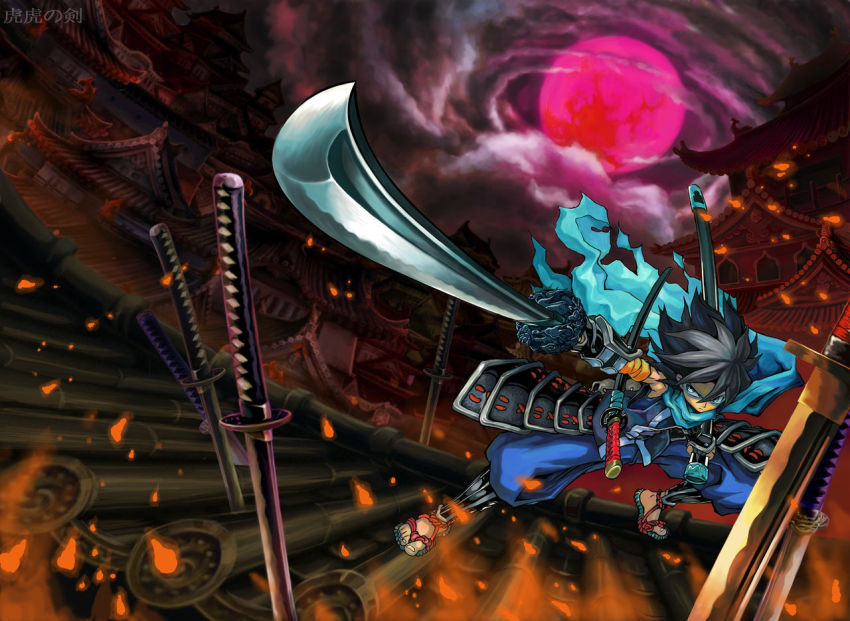 1boy architecture armor bags_under_eyes black_hair building cloud east_asian_architecture embers fire full_moon gauntlets katana kisuke male_focus moon oboro_muramasa red_moon sandals scarf sheath sheathed solo sword usui_no_ken weapon