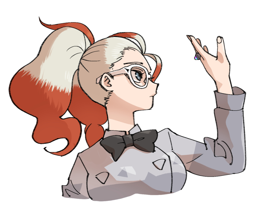 1girl black_bow black_bowtie bow bowtie closed_mouth collared_shirt commentary_request cropped_torso glasses grey_shirt griselle_(pokemon) hand_up jelatshoo jewelry korean_commentary long_sleeves looking_to_the_side multicolored_hair nintendo pokemon pokemon_legends:_z-a ring shirt simple_background solo split_ponytail two-tone_hair upper_body white-framed_eyewear white_background