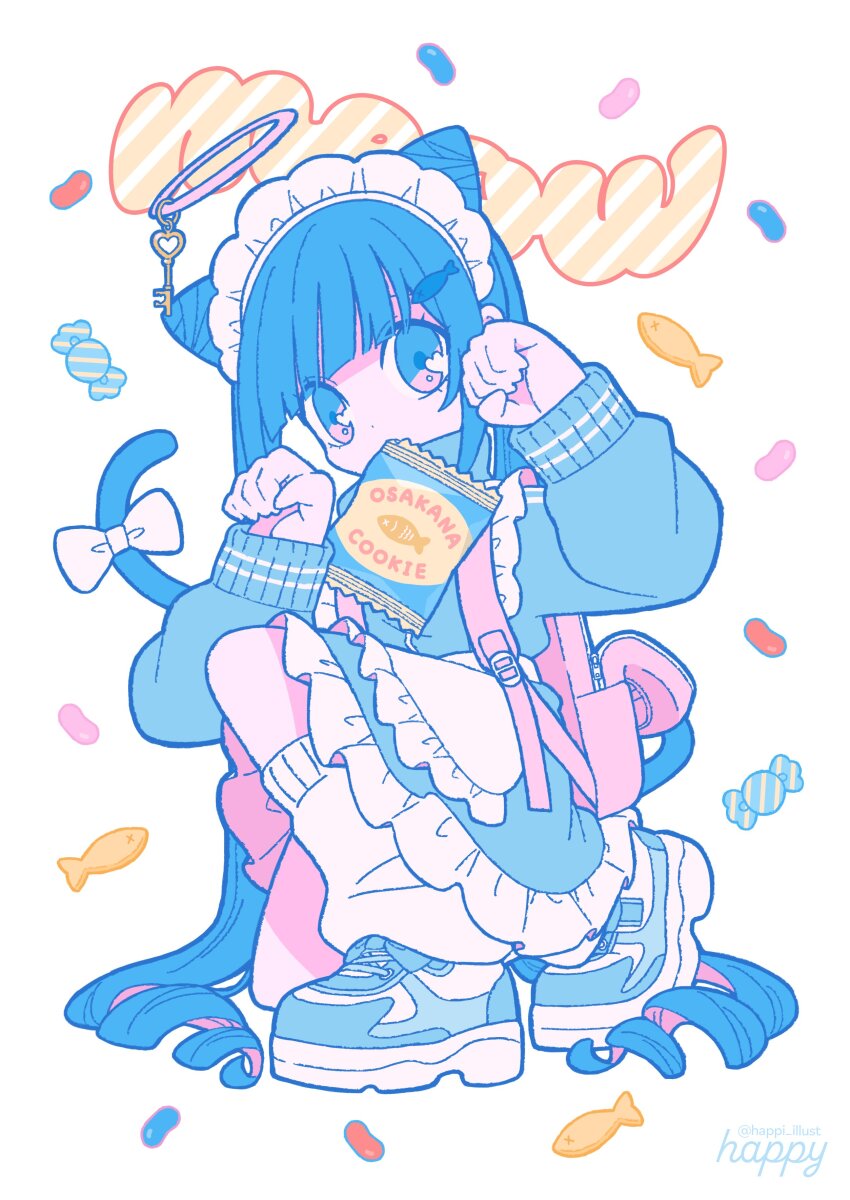 1girl absurdres apron bag_of_chips blue_eyes blue_hair blue_jacket blue_shoes blue_skirt blunt_bangs bow cat_tail cone_hair_bun fish_hair_ornament frilled_skirt frills full_body hair_bun hair_ornament halo hands_up happy_(happi_illust) high_collar highres jacket jersey_maid long_hair long_sleeves looking_at_viewer maid maid_apron maid_headdress on_one_knee original paw_pose shoes skirt sleeves_past_wrists solo tail unconventional_maid very_long_hair white_background white_bow