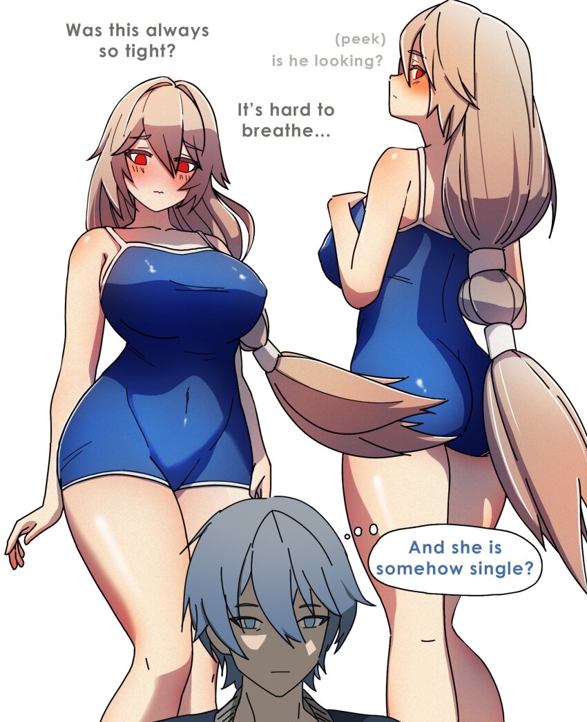 1boy 1girl alexandrina_sebastiane ass blue_one-piece_swimsuit blush breasts dorahdew english_text grey_eyes grey_hair hand_on_own_chest highres large_breasts long_hair navel one-piece_swimsuit red_eyes school_swimsuit swimsuit thighs wide_hips wise_(zenless_zone_zero) zenless_zone_zero