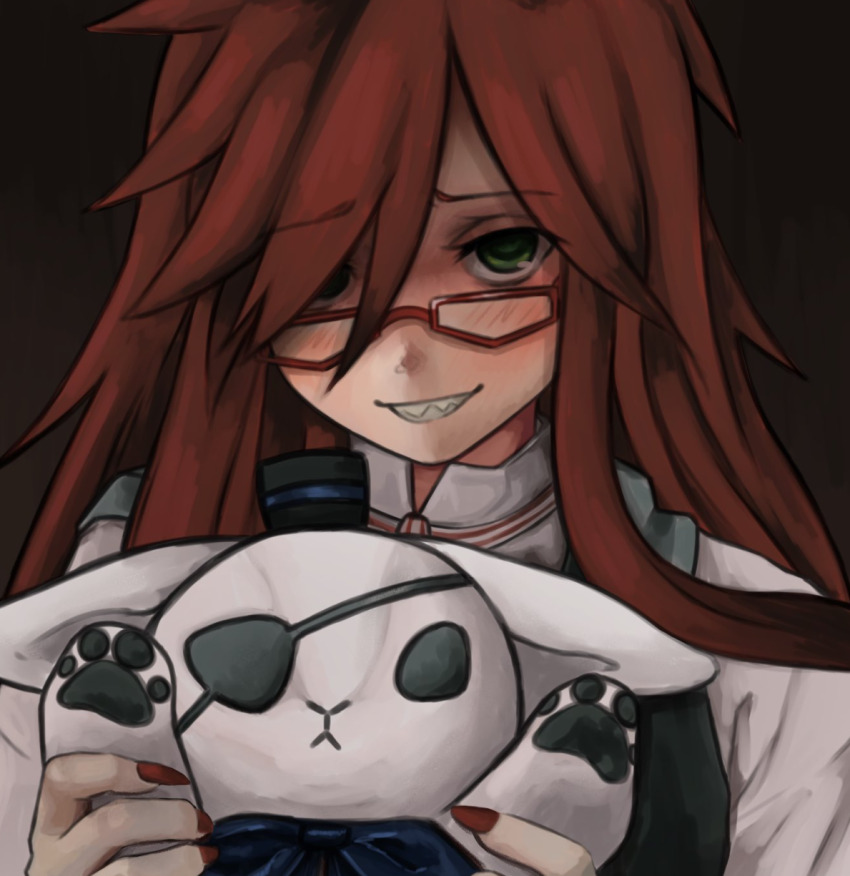1boy black_bow black_bowtie bow bowtie eyewear_strap glasses green_eyes grell_sutcliff highres holding holding_stuffed_toy kuroshitsuji looking_at_viewer red-framed_eyewear red_hair red_nails red_theme sharp_teeth stuffed_toy teeth zoolpal