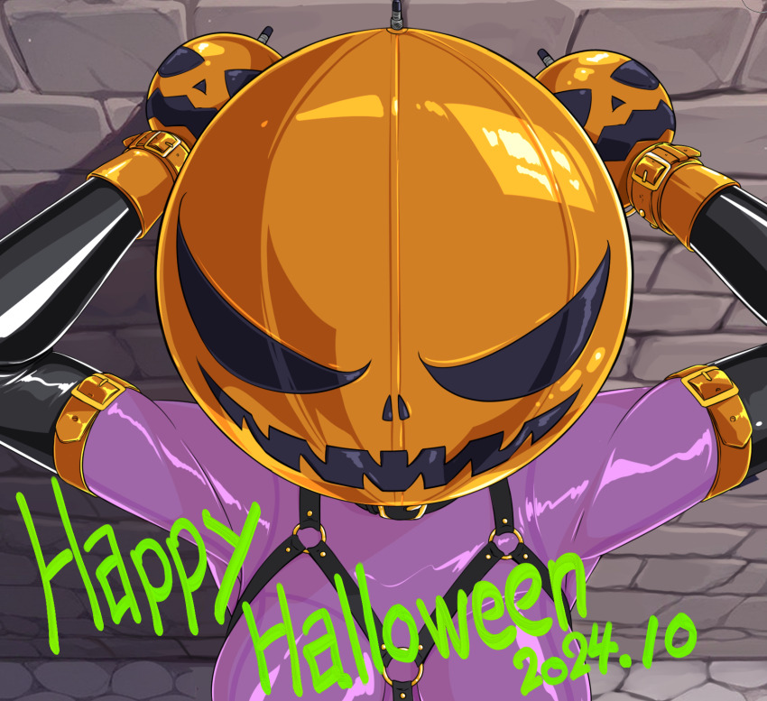1girl bodysuit bondage_mittens dated elbow_gloves gimp_mask gloves halloween happy_halloween harness highres jack-o&#039;-lantern_print latex latex_bodysuit mask original purple_bodysuit skin_tight solo tamakko variant_set