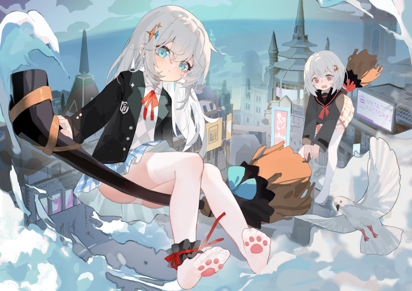2girls absurdres ankle_garter bird black_jacket black_sailor_collar black_shirt blazer blue_eyes blue_skirt broom broom_riding chinese_commentary closed_mouth commentary_request full_body grey_hair hair_between_eyes hair_ornament highres jacket kele_mimi long_hair long_sleeves looking_at_viewer miniskirt multiple_girls neck_ribbon neckerchief open_mouth original outdoors panties pantyshot paw_print_soles plaid_clothes plaid_skirt pleated_skirt red_eyes red_neckerchief red_ribbon red_skirt ribbon sailor_collar shirt short_hair skirt soles star_(symbol) star_hair_ornament thighhighs toes underwear white_panties white_shirt white_thighhighs