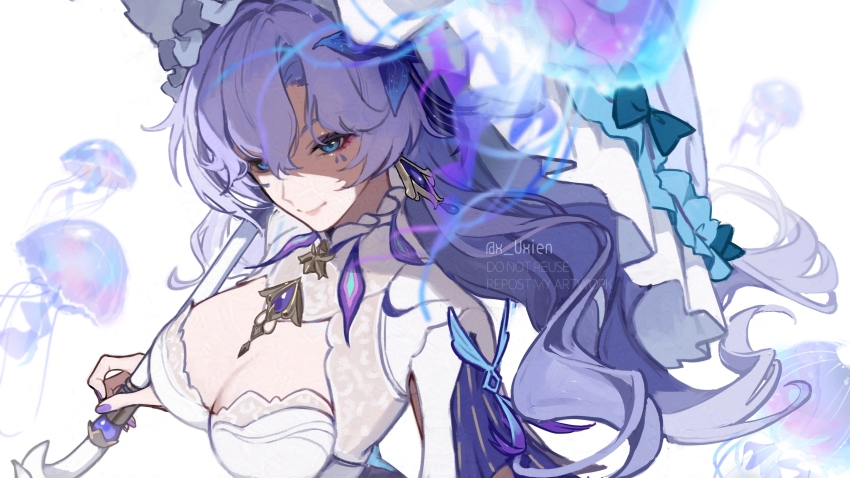 1girl blue_eyes breasts cantarella_(wuthering_waves) closed_mouth commentary earrings facial_mark highres holding holding_umbrella jellyfish jewelry large_breasts long_hair looking_at_viewer mark_under_eye nail_polish parasol purple_hair purple_nails purple_umbrella shrug_(clothing) smile solo umbrella upper_body uxien white_shrug wuthering_waves