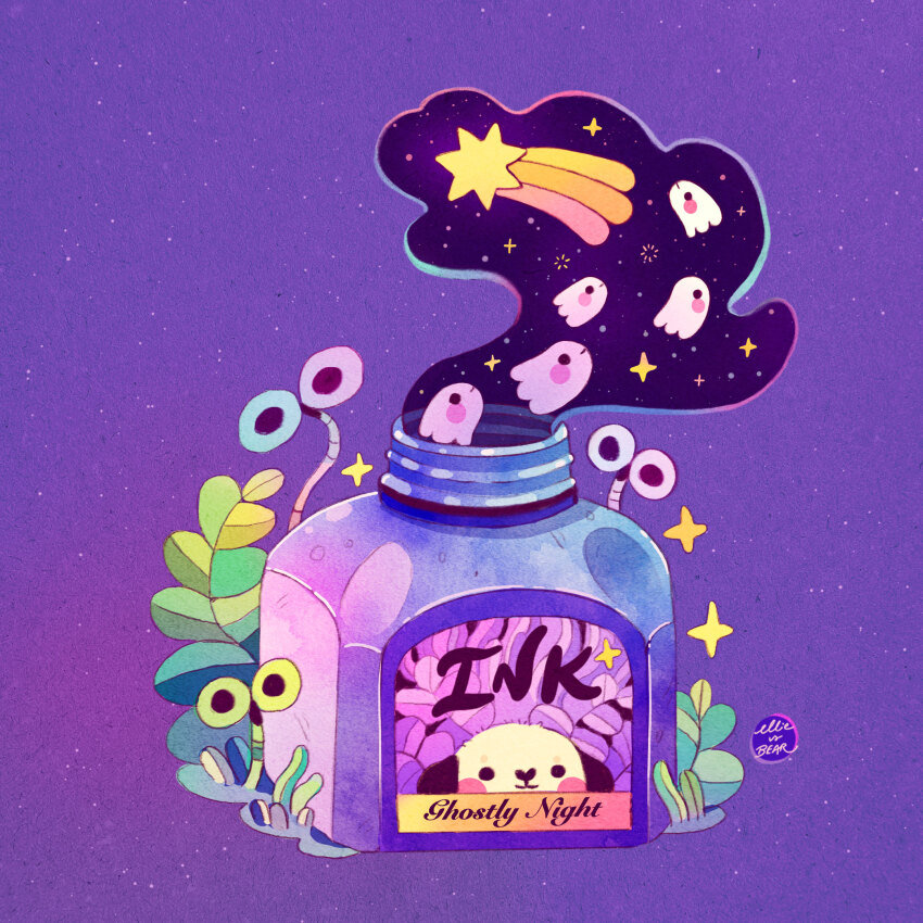 artist_name commentary dog ellievsbear english_commentary english_text ghost highres inkwell label meteor no_humans original plant purple_background signature simple_background smile star_(sky) star_(symbol)