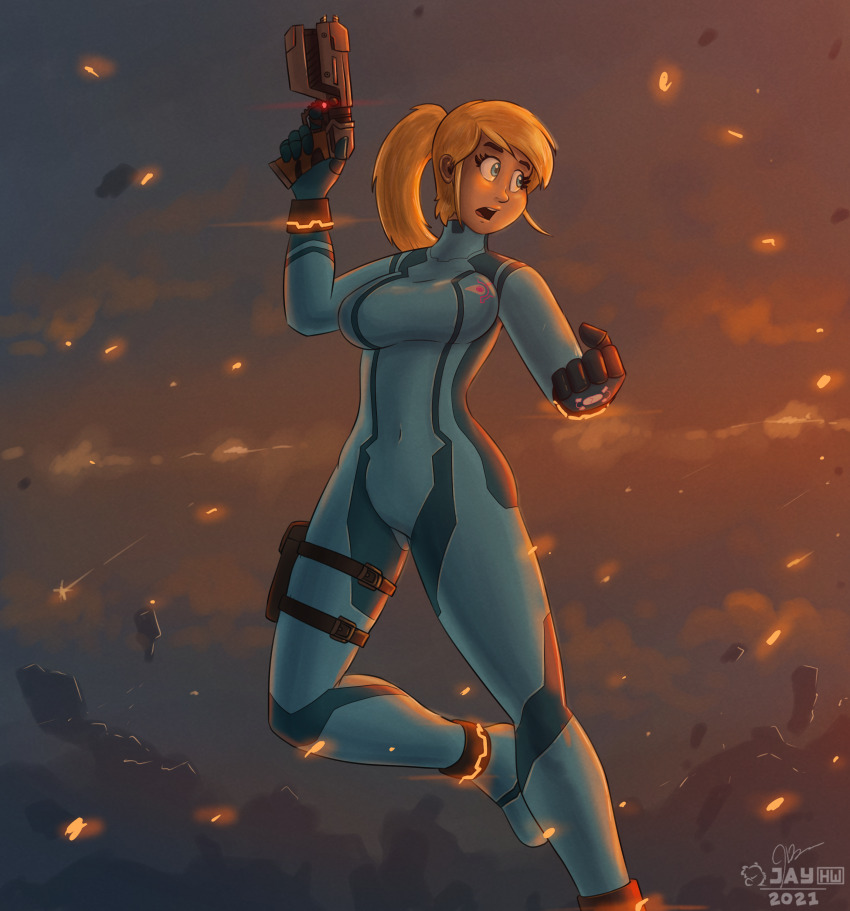 1girl absurdres artist_request blonde_hair blue_bodysuit blue_eyes bodysuit breasts clenched_hands covered_navel directed-energy_weapon energy_gun eyelashes feet_up female_focus fighting_stance gun hands_up high_heels highres holding holding_gun holding_weapon jumping legs looking_to_the_side medium_breasts metroid metroid:_other_m mole mole_under_mouth nintendo open_mouth outdoors paralyzer ponytail ray_gun samus_aran sidelocks skin_tight source_request thighs turning_head turtleneck turtleneck_bodysuit weapon worried zero_suit