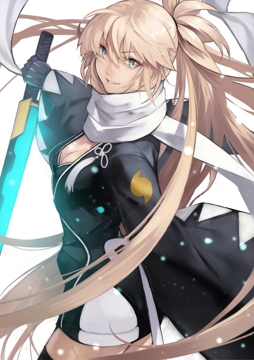 1girl absurdres black_gloves black_thighhighs blonde_hair blue_eyes breasts cleavage fate/grand_order fate_(series) female_focus gloves grin highres holding holding_sword holding_weapon jacket long_hair looking_at_viewer okita_j._souji_(fate) okita_j._souji_(second_ascension)_(fate) okita_souji_(fate) okita_souji_(koha-ace) scarf smile solo sword thighhighs very_long_hair weapon yoshio_(55level)