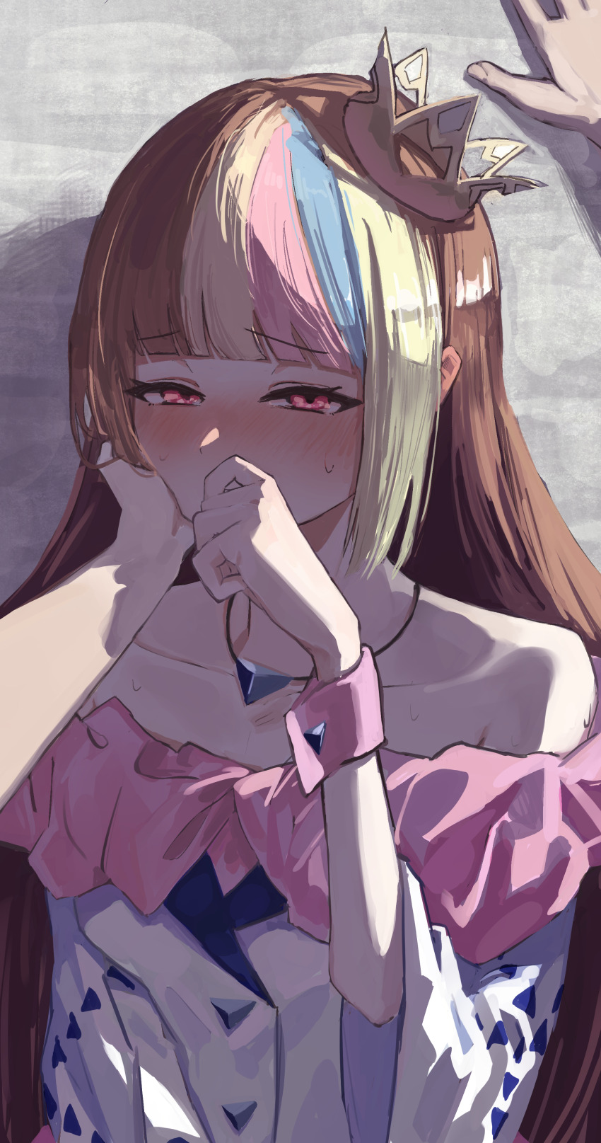 1girl absurdres backlighting bare_shoulders blonde_hair blue_hair blunt_bangs blush brown_hair buttons collarbone commentary_request covering_own_mouth crown dress galaco galaco_(white) gold_crown grey_background hand_on_own_cheek hand_on_own_chin hand_on_own_face highres jewelry long_hair looking_at_viewer mini_crown multicolored_hair necklace nose_blush off-shoulder_dress off_shoulder pink_eyes pink_hair pov pov_hands short_sleeves simple_background solo_focus straight_hair streaked_hair sweatdrop upper_body uranosebi vocaloid white_dress wristband