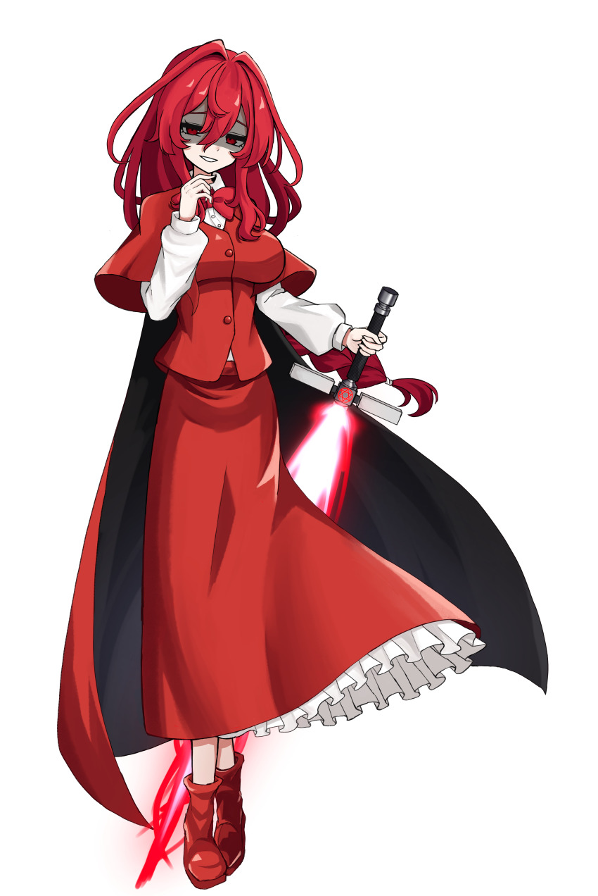 1girl absurdres braid braided_ponytail breasts cape commentary_request dress frilled_dress frills full_body glowing glowing_sword glowing_weapon highres holding holding_sword holding_weapon long_hair long_sleeves looking_at_viewer okazaki_yumemi red_cape red_eyes red_hair red_shirt red_skirt shaded_face shirt simple_background skirt solo sword tachi-e touhou touhou_(pc-98) variant_set weapon white_background yabuhebi1067