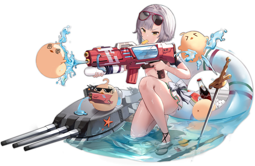 1girl alisa_(kuro_no_sakura) artillery ass azur_lane blue_sky conte_di_cavour_(azur_lane) conte_di_cavour_(fierce_beachside_battle)_(azur_lane) eyewear_on_head food grey_hair highres innertube manjuu_(azur_lane) official_alternate_costume official_art planted planted_sword planted_weapon popsicle ship_turret short_hair sky solo sunglasses swim_ring swimsuit sword transparent_background wading water water_gun weapon white_innertube yellow_eyes