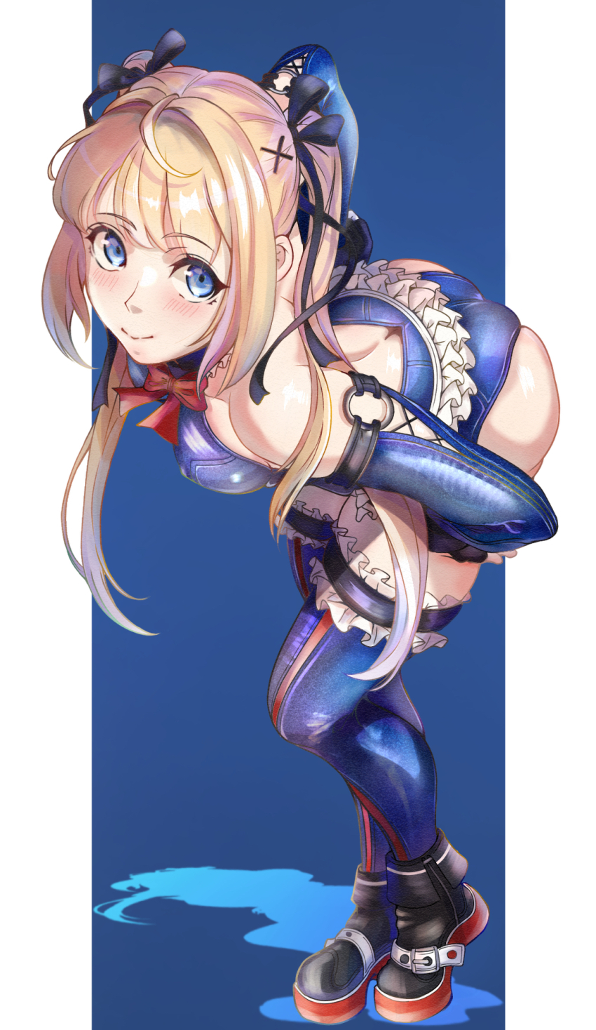 1girl ass bare_shoulders black_ribbon blonde_hair blue_background blue_eyes blue_one-piece_swimsuit blue_thighhighs blush boots breasts casual_one-piece_swimsuit covered_erect_nipples covered_navel dead_or_alive dead_or_alive_5 dead_or_alive_6 detached_sleeves frilled_one-piece_swimsuit frills full_body gloves hair_ornament hair_ribbon highres long_hair looking_at_viewer marie_rose marie_rose_(devilish_servant_against_the_splashing_waves) one-piece_swimsuit ribbon small_breasts solo swimsuit take_(pixiv58784208) thighhighs twintails white_background x_hair_ornament