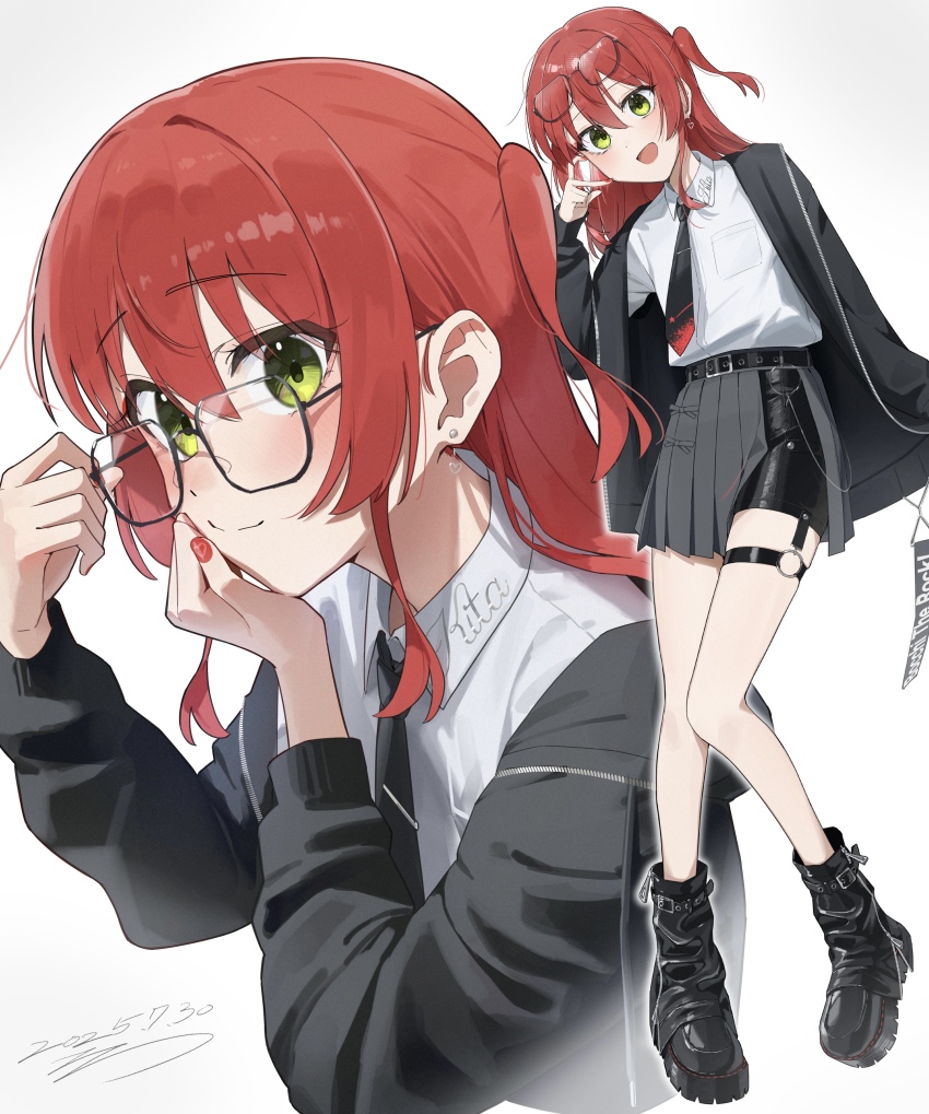 1girl :d absurdres adjusting_eyewear bespectacled black_boots black_jacket black_necktie black_shorts blush bocchi_the_rock! boots collared_shirt commentary dated full_body glasses grey_skirt highres jacket kita_ikuyo long_hair long_sleeves multiple_views necktie one_side_up open_clothes open_jacket open_mouth pleated_skirt red_hair seisyuntarotto shirt shorts signature simple_background skirt smile standing thigh_strap white_background white_shirt