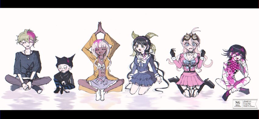 3boys 3girls ahoge amami_rantaro black_hair blonde_hair blood blood_on_clothes blood_on_face blue_eyes chabashira_tenko closed_eyes commentary crossed_legs danganronpa_(series) danganronpa_v3:_killing_harmony dark-skinned_female dark_skin flipped_hair green_hair hair_between_eyes happy highres hoshi_ryoma iruma_miu jacket kneeling knees_apart_feet_together letterboxed long_hair long_sleeves looking_at_viewer low_twintails medium_hair mmr_0x multiple_boys multiple_girls oma_kokichi open_mouth pants pink_blood pleated_skirt praying sailor_collar school_uniform seiza shirt short_hair simple_background sitting size_difference skirt smile spoilers sweat symbol-only_commentary twintails very_long_hair watermark wavy_hair white_background white_hair yonaga_angie