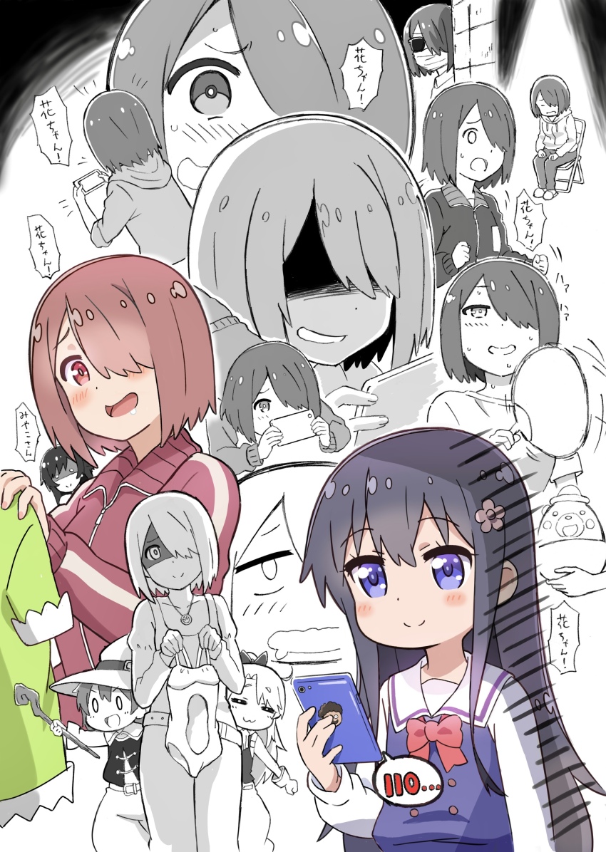5girls absurdres cellphone dress hat highres himesaka_noa holding holding_swimsuit holding_unworn_clothes hoshino_hinata hoshino_miyako_(wataten) komagoma mage_staff matsumoto_kouko multiple_girls phone pinafore_dress shirosaki_hana sleeveless sleeveless_dress speech_bubble split_mouth sunglasses swimsuit unworn_swimsuit watashi_ni_tenshi_ga_maiorita! witch_hat