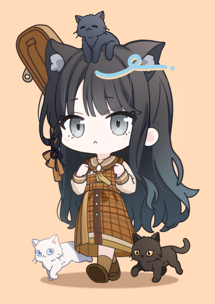 1girl absurdres animal animal_ears black_hair brown_dress cat cat_ears chibi dress extra_ears full_body grey_eyes guitar_case highres hoshino_ichika_(project_sekai) instrument_case long_hair long_sleeves plaid_clothes plaid_dress project_sekai shoes simple_background solo timmoo very_long_hair walking yellow_background
