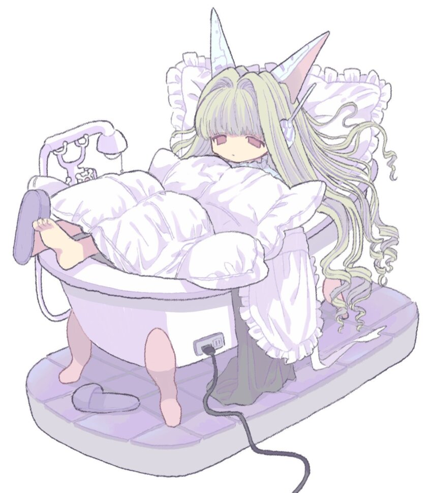 1girl bad_id bad_twitter_id bathtub closed_mouth green_hair highres long_hair o_(pottypottp) original pillow red_eyes simple_background single_bare_foot single_slipper slippers solo unworn_slippers white_background