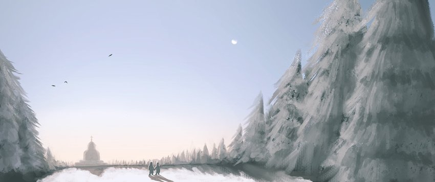 2others awada_room backlighting bird blue_sky commentary_request flying forest half_moon highres holding_hands hood moon multiple_others nature orange_sky original painting_(medium) pine_(pine-box) scenery shadow shrine silhouette sky sky_focus snow traditional_media tree walking_away