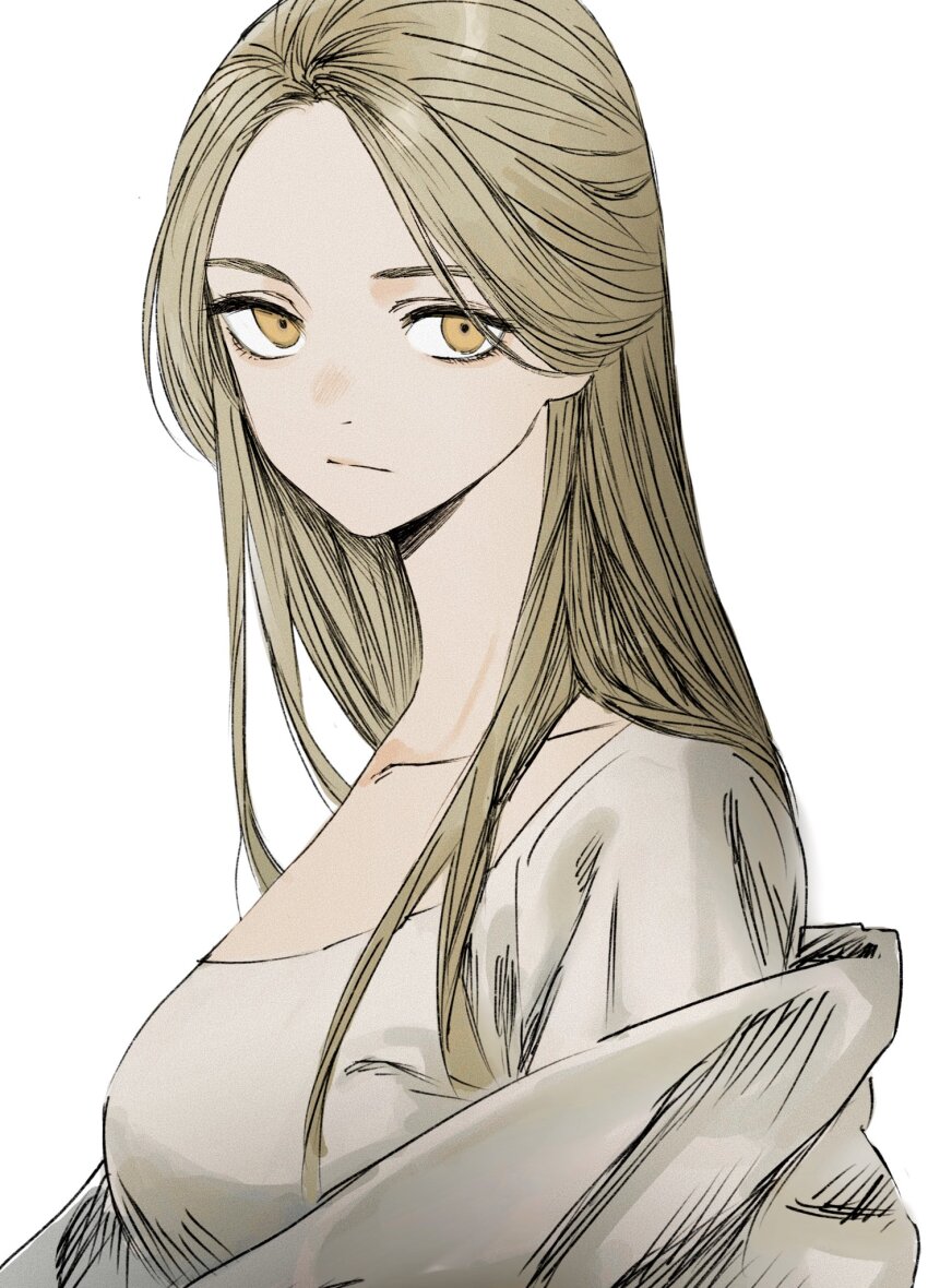 1girl blonde_hair collarbone dress dungeon_meshi frs2 genderswap genderswap_(mtf) highres laios_touden long_hair looking_at_viewer white_dress yellow_eyes