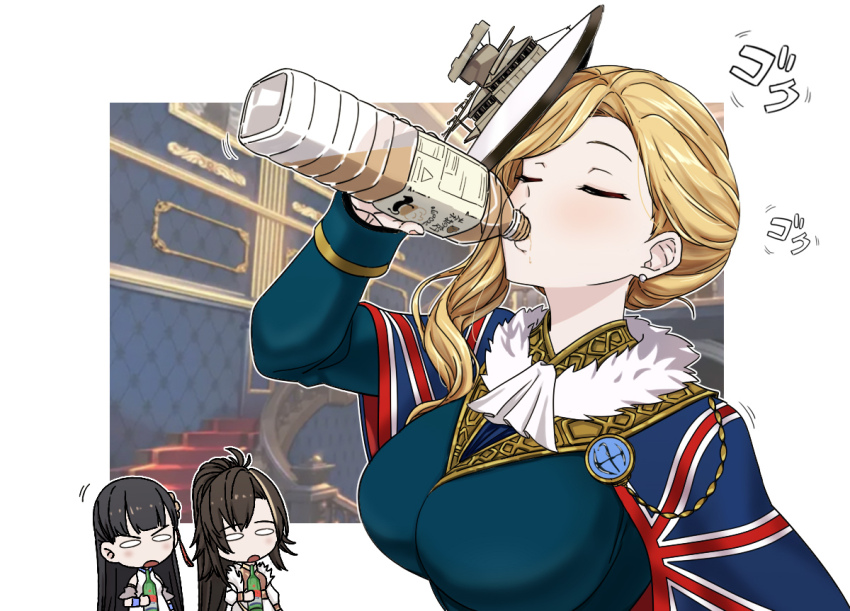 3girls ascot azur_lane blonde_hair blue_capelet blue_dress bottle capelet closed_eyes commentary_request dress drinking harbin_(azur_lane) hat holding holding_bottle hood_(azur_lane) long_sleeves multiple_girls oukama plastic_bottle surprised tilted_headwear translation_request union_jack_print white_ascot white_hat wide_oval_eyes yat_sen_(azur_lane)