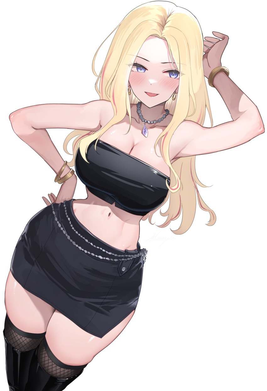 1girl arm_up black_boots black_skirt black_thighhighs blonde_hair blue_eyes boots bracelet breasts cleavage earrings gakuen_idolmaster highres idolmaster jewelry juo_sena large_breasts long_hair looking_at_viewer miniskirt navel necklace shougun_(chuckni1) simple_background skirt smile solo strapless thigh_boots thighhighs thighhighs_under_boots tube_top white_background