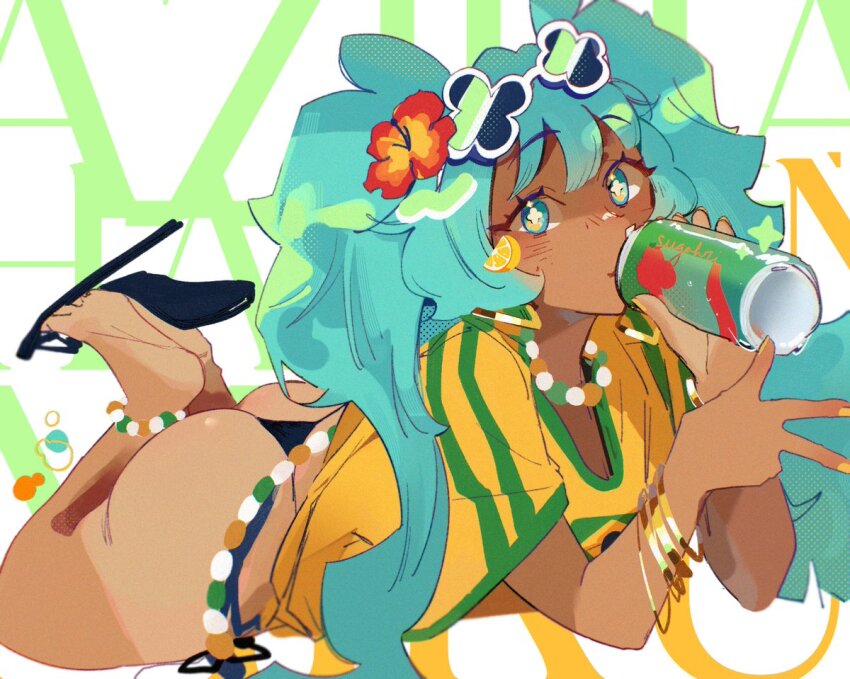1girl ass blue_eyes blue_hair bracelet brazilian_miku can drink drink_can feet flip-flops flower flower_on_head hatsune_miku jewelry lying necklace on_stomach sandals shirt soda soda_can sugahri sunglasses sunglasses_on_head tan thong twintails