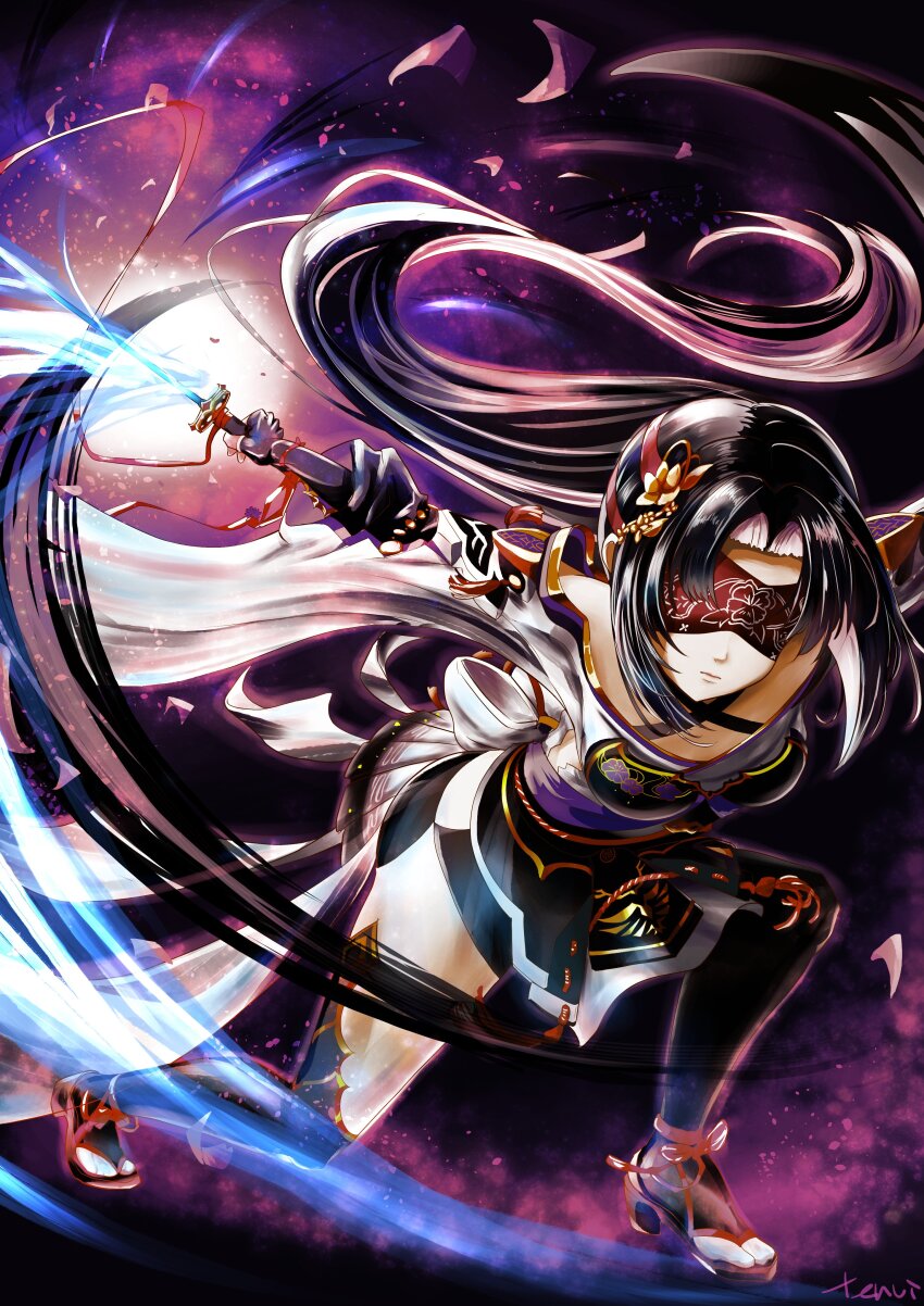 1girl absurdres asteria_(shironeko_project) black_hair blindfold hair_ornament highres holding holding_sword holding_weapon japanese_clothes katana long_hair peak824545201 ponytail red_blindfold shironeko_project solo sword thighhighs weapon