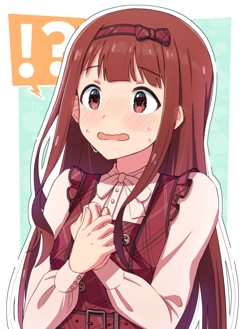 !? 1girl blush border bow brown_eyes brown_hair commentary_request embarrassed hair_bow hairband highres houraijin idolmaster idolmaster_million_live! idolmaster_million_live!_theater_days long_hair long_sleeves open_mouth outline outside_border own_hands_together plaid_bow plaid_hairband private_dress_(idolmaster_million_live!) solo sweat tanaka_kotoha upper_body wavy_mouth white_border white_outline