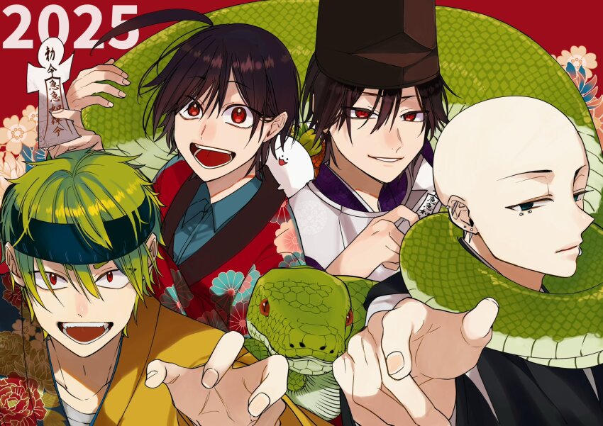 2025 4boys abe_haruaki abe_no_seimei_(yohaji) antenna_hair bald barbell_piercing between_fingers black_kimono brown_hair chinese_zodiac clenched_teeth closed_mouth commentary ear_piercing face_piercings floral_background floral_print floral_print_kimono genbu_(yohaji) green_eyes green_hair green_snake happy_new_year hat headband highres holding japanese_clothes kimono lip_piercing looking_at_viewer marshmallow_(yohaji) multiple_boys new_year ofuda ofuda_between_fingers open_mouth piercing print_kimono red_eyes red_kimono smile snake tanaka_mai tate_eboshi teeth toubyou_yamato year_of_the_snake yellow_kimono youkai_gakkou_no_sensei_hajimemashita!