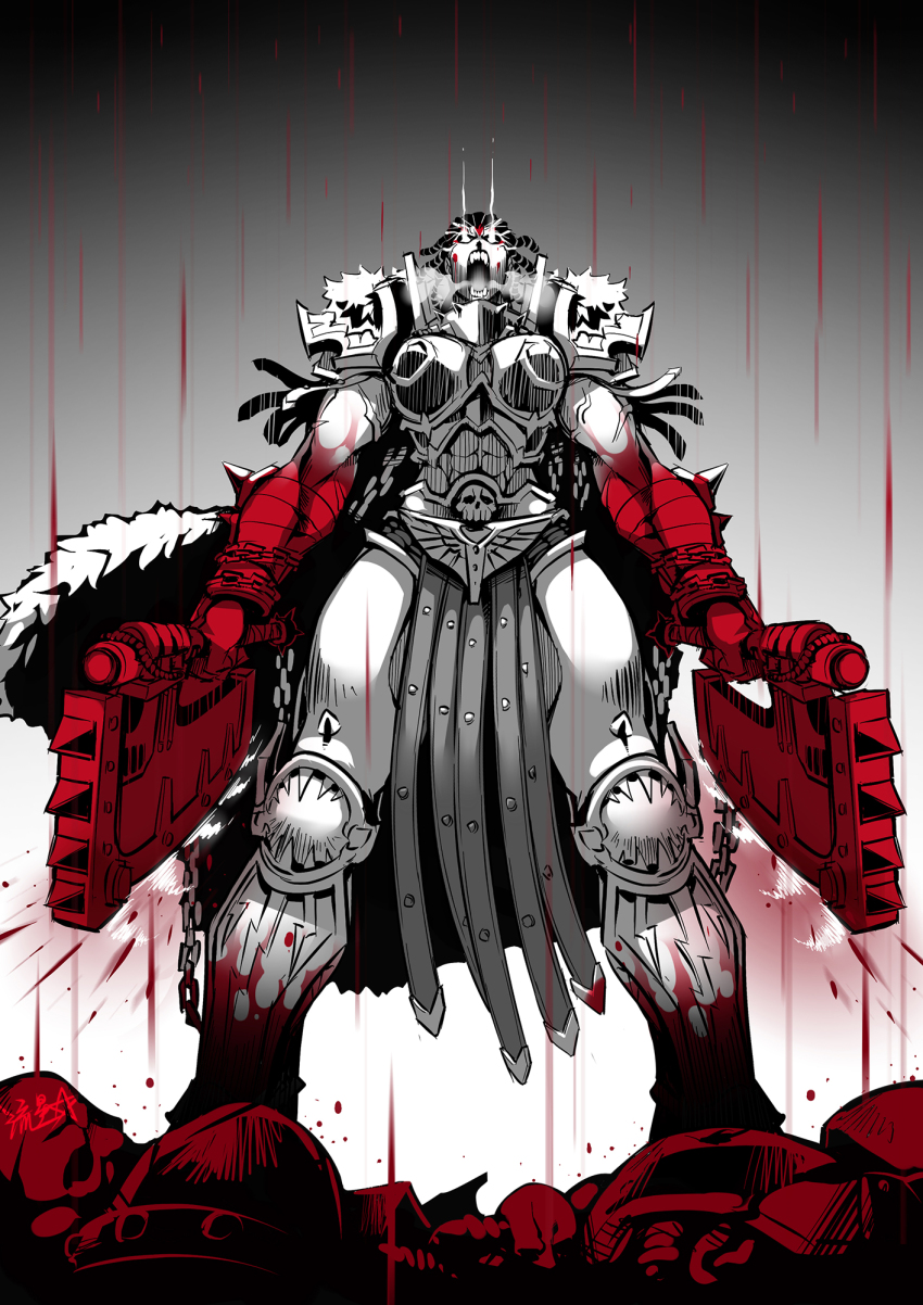 1girl adeptus_astartes angron angry armor axe blank_eyes blood blood_on_hands boobplate breastplate cable cape chain_axe chaos_space_marine commentary corpse death dual_wielding fur_cape genderswap genderswap_(mtf) highres holding holding_axe motion_blur muscular muscular_female open_mouth pauldrons pelvic_curtain power_armor primarch ryuusei_(mark_ii) shoulder_armor signature solo standing warhammer_40k