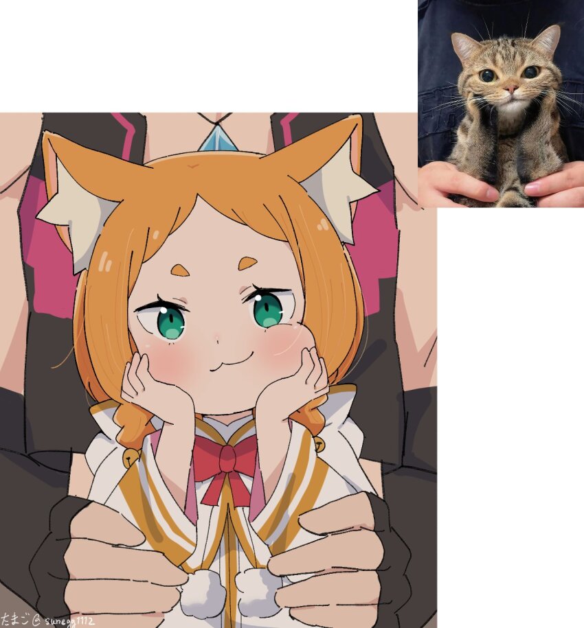 1boy 1girl :3 animal_ear_fluff animal_ears bell black_gloves bow bowtie capelet cat_ears fingerless_gloves garfiel_tinsel gloves green_eyes hand_on_own_chest hands_up hashtag-only_commentary head_rest highres hood hood_down hooded_capelet jingle_bell looking_at_viewer mimi_pearlbaton orange_hair photo-referenced puffy_cheeks re:zero_kara_hajimeru_isekai_seikatsu red_bow red_bowtie reference_inset short_hair smile straight-on sunegg1112 upper_body white_capelet