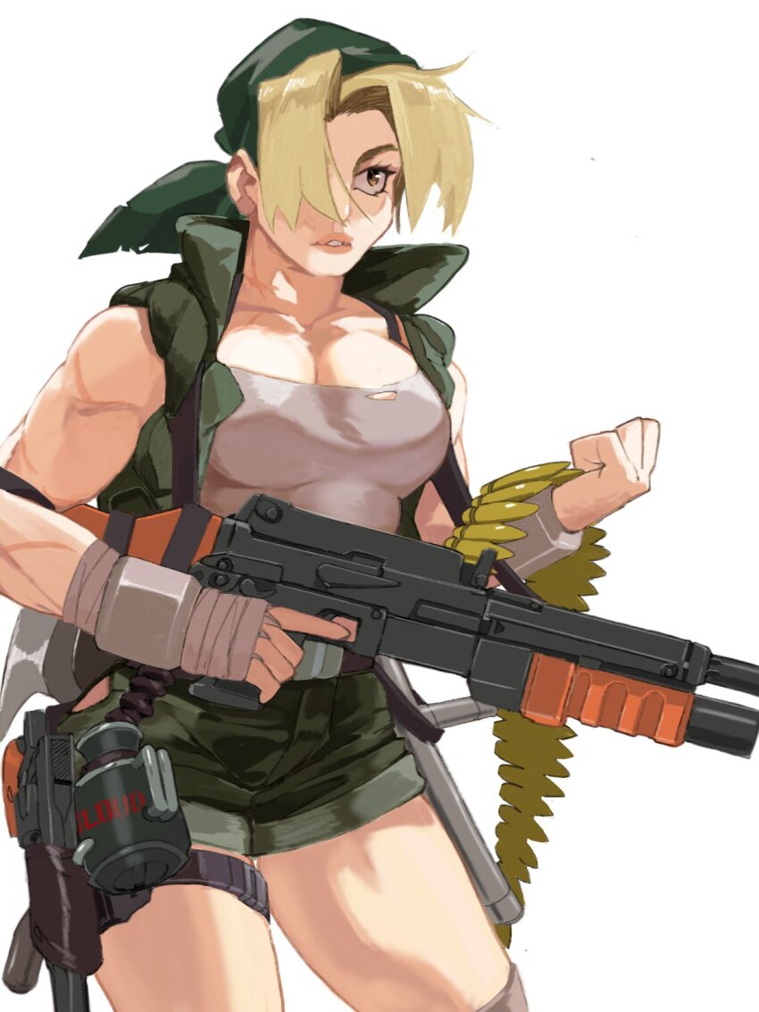 1girl bare_shoulders blonde_hair breasts granade gun headband highres jacket kasamoto_eri large_breasts layeyes metal_slug one_eye_covered shorts sleeveless weapon