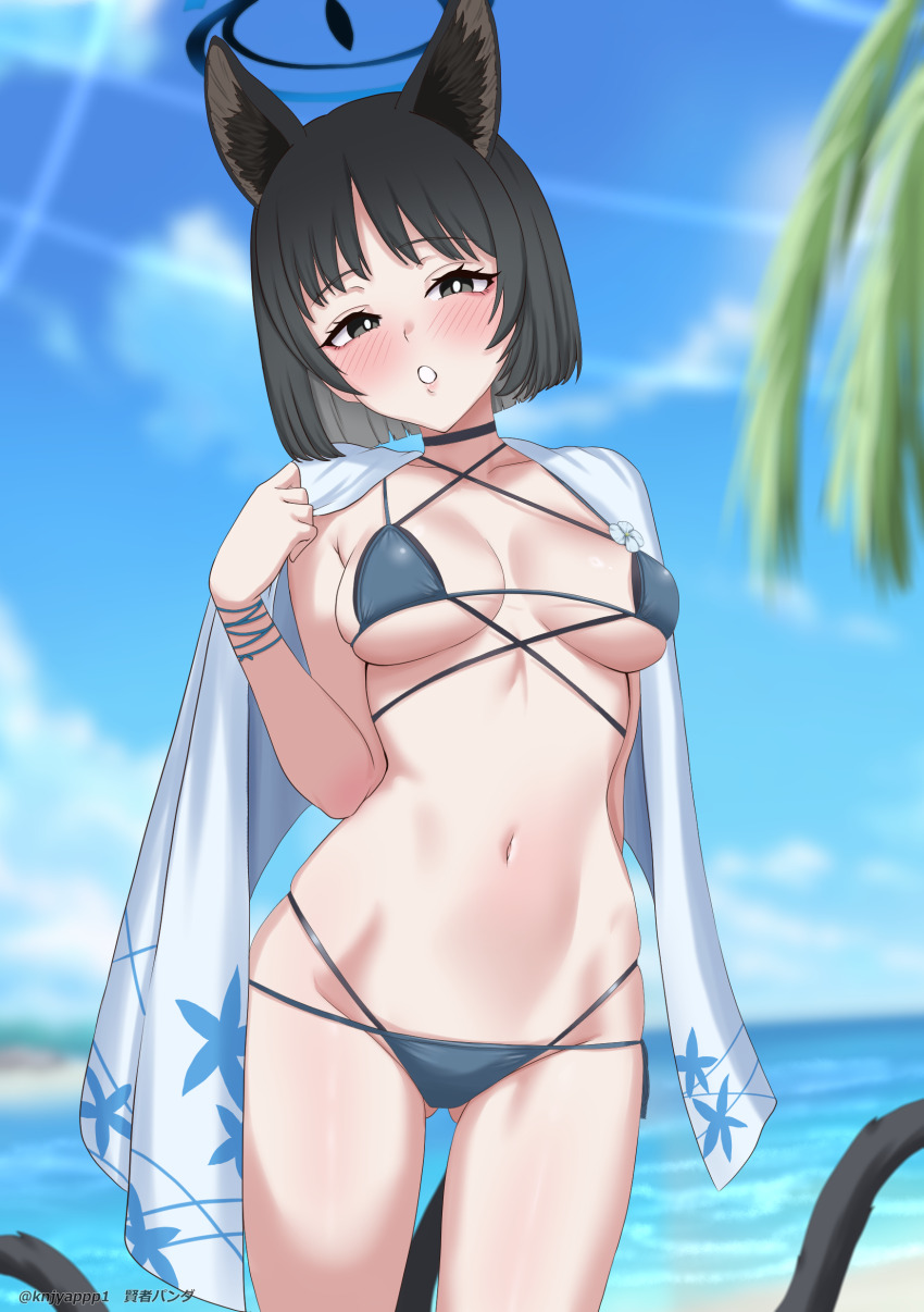 1girl absurdres animal_ears beach bikini black_choker black_eyes black_hair blue_archive blue_sky breasts cat_ears cat_girl cat_tail choker cloud collarbone commentary_request criss-cross_straps day gluteal_fold hand_up highres kenja_panda kikyou_(blue_archive) kikyou_(swimsuit)_(blue_archive) layered_bikini looking_at_viewer multiple_tails navel ocean official_alternate_costume outdoors short_hair sky solo stomach swimsuit tail thighs two_tails