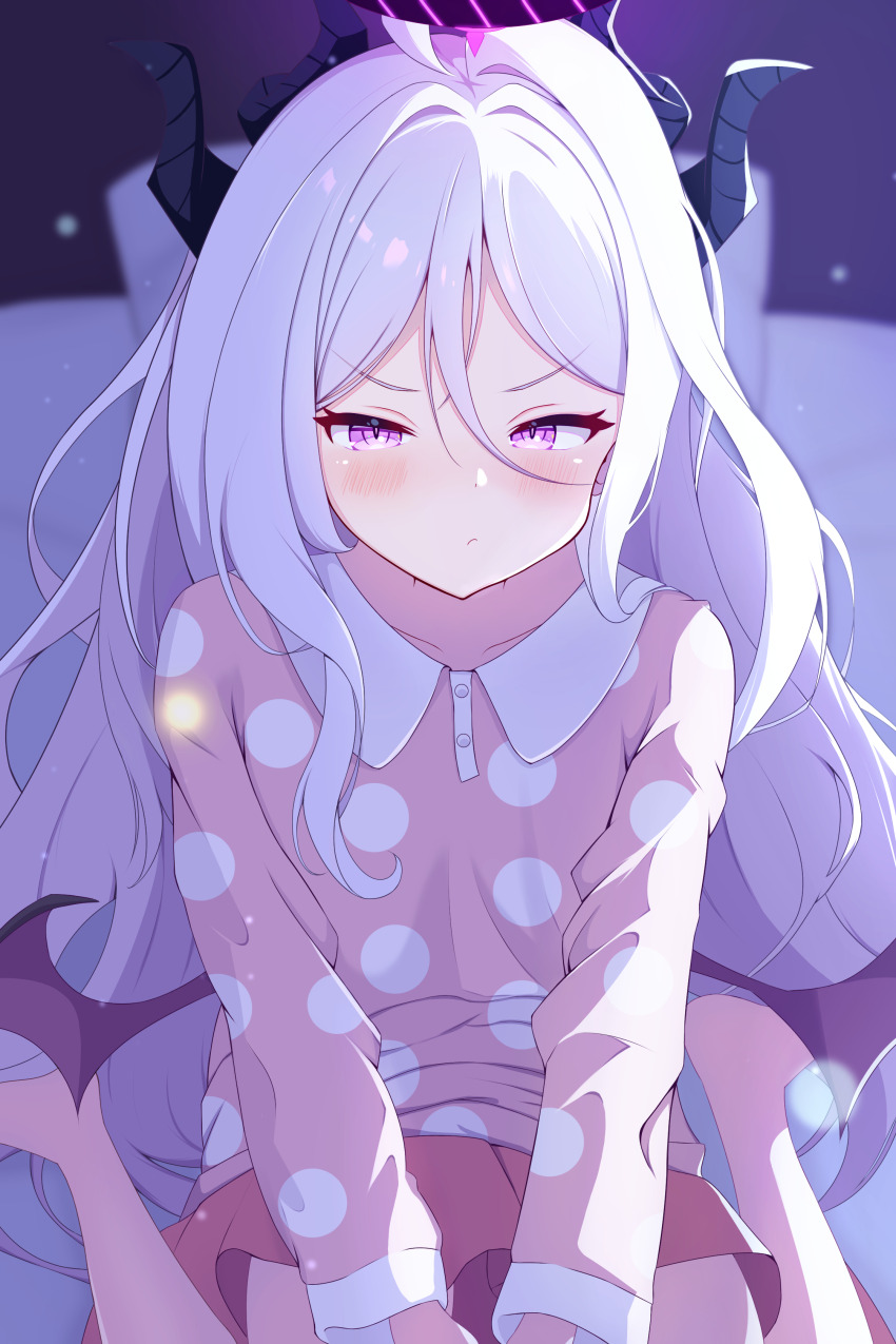 1girl absurdres ahoge blue_archive blush breasts demon_horns highres hina_(blue_archive) hina_(pajamas)_(blue_archive) horns indoors jacket kemuri0903 long_hair looking_at_viewer night pajamas pink_pajamas polka_dot polka_dot_pajamas pout purple_eyes sitting small_breasts solo white_hair yellow_jacket