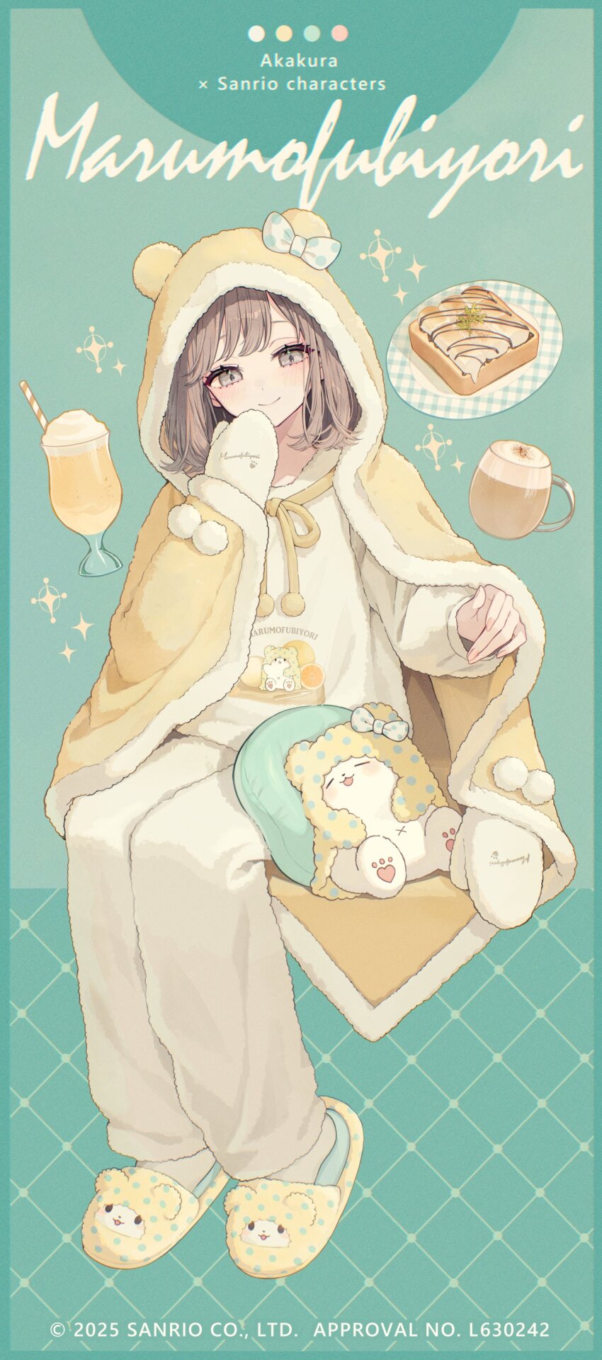 1girl 2025 absurdres akakura animal_ears animal_slippers artist_name bear_ears brown_hair cake character_name closed_mouth copyright_name copyright_notice fake_animal_ears food full_body highres looking_down marumofubiyori mittens pajamas pants sanrio shirt short_hair slippers smile socks solo white_mittens white_pajamas white_pants white_shirt white_socks yellow_slippers
