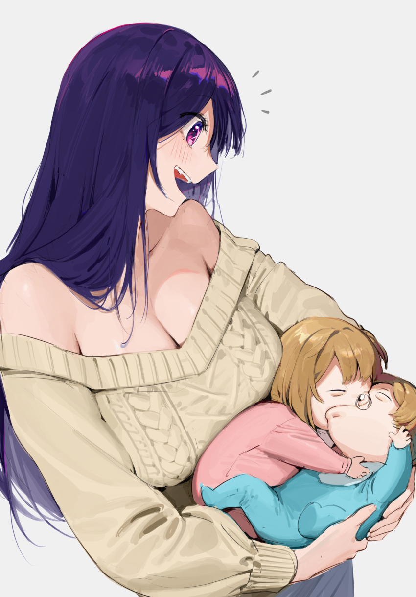 1boy 2girls absurdres baby baby_carry blonde_hair blush breasts brother_and_sister carrying carrying_baby carrying_person cleavage closed_eyes grey_background highres hoshino_ai hoshino_aquamarine hoshino_ruby incest kodomo_doushi large_breasts long_hair meme multiple_girls nose_bubble notice_lines off-shoulder_sweater off_shoulder oshi_no_ko purple_eyes purple_hair siblings side_ponytail simple_background smile star-shaped_pupils star_(symbol) sweater symbol-shaped_pupils twincest twins yangmal_jelly yoshi_and_toad_kissing_(meme)