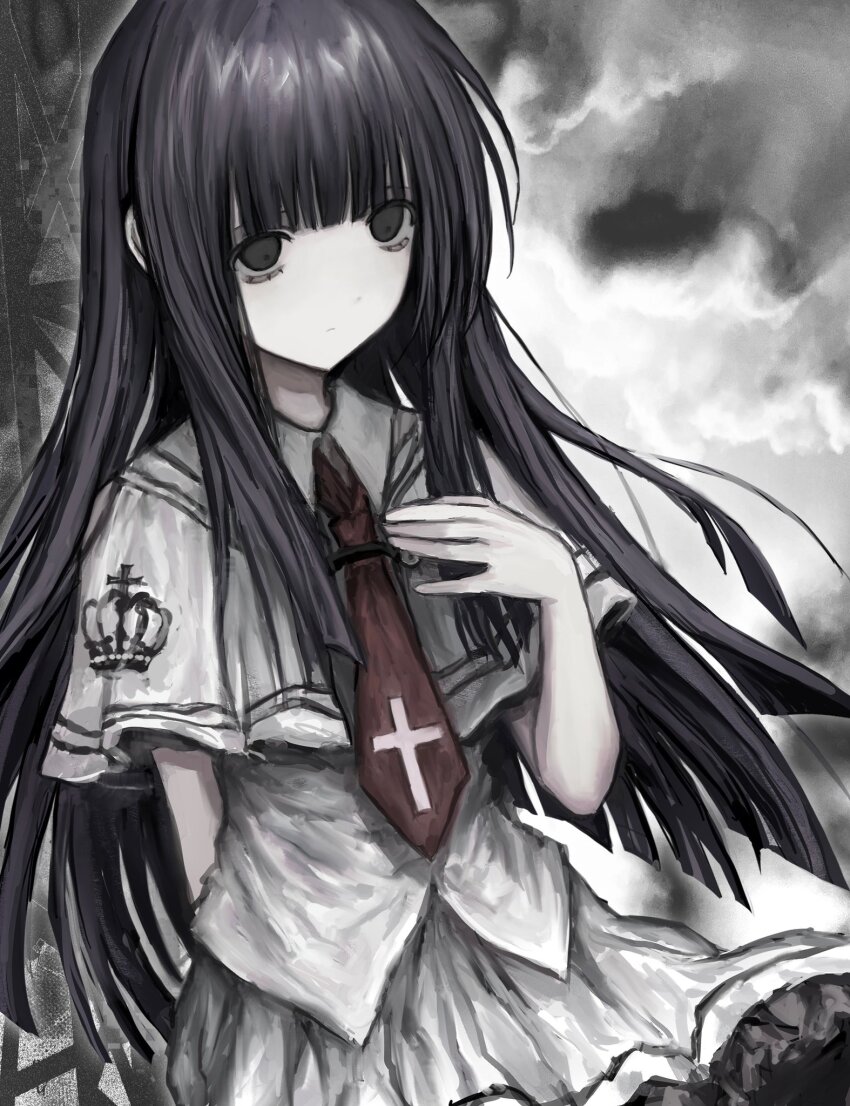 1girl bags_under_eyes black_eyes blunt_bangs chan8016 cloud cloudy_sky cross highres long_hair necktie pale_skin red_necktie skirt sky solo subarashiki_hibi takashima_zakuro