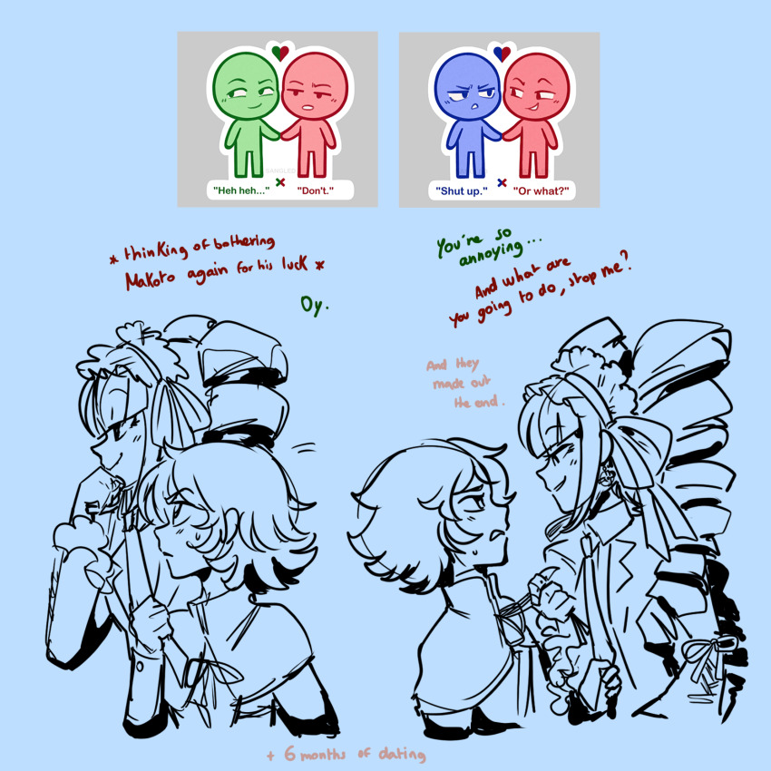 1boy 1girl blush celestia_ludenberg closed_mouth danganronpa:_trigger_happy_havoc danganronpa_(series) drill_hair earrings english_text eye_contact fujisaki_chihiro heart hetero highres jewelry looking_at_another profile ribbon short_hair smile teeth trap twin_drills twinklelitchii twintails