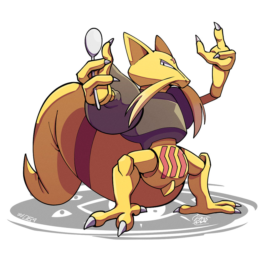 claws full_body gen_1_pokemon holding holding_spoon kadabra looking_at_viewer mistray-art nintendo no_humans pokemon pokemon_(creature) signature simple_background solo spoon white_background