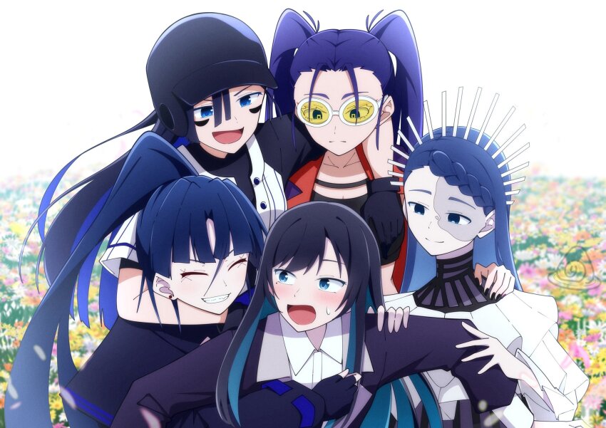 5girls ado_(utaite) black_coat black_gloves black_helmet blue_eyes blue_hair blush braid braided_bangs chando_(ado) clenched_teeth coat collared_shirt colored_inner_hair commentary_request dress earrings fang fingerless_gloves gira-gira-chan_(ado) gira_gira gloves group_hug hair_between_eyes helmet highres hug jewelry long_hair long_sleeves merry_(ado) mole mole_under_eye multicolored_hair multiple_girls naima_(ado) nori_(norinori_yrl) odo-chan_(ado) odo_(song) open_mouth ponytail readymade_(ado) shirt sunglasses sweatdrop teeth tinted_eyewear twintails usseewa utaite white-framed_eyewear white_dress white_shirt yellow-tinted_eyewear