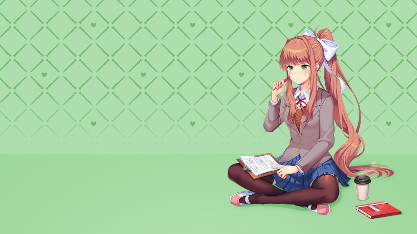 1girl ahoge annoyed black_thighhighs blazer blue_skirt blush bow breasts brown_hair brown_sweater_vest buttons character_name clipboard closed_mouth coffee collared_shirt commentary crossed_legs cup disposable_coffee_cup disposable_cup doki_doki_literature_club doki_doki_literature_club doki_doki_literature_club_school_uniform dot_nose dress_shirt english_commentary eyebrows_hidden_by_hair frown frustrated full_body furrowed_brow game_cg green_background green_eyes grey_jacket hair_bow hair_intakes heart high_ponytail highres holding holding_pen jacket large_bow long_eyelashes long_hair long_sidelocks looking_down lucidsky mary_janes medium_breasts miniskirt monika_(doki_doki_literature_club) narrowed_eyes neck_ribbon non-web_source notebook official_art official_wallpaper paper pen pen_to_mouth pleated_skirt ponytail red_ribbon ribbon satchely school_uniform shirt shoes sidelocks sitting skirt solo sparkling_eyes squchan steam sweater_vest swept_bangs thick_eyelashes thighhighs thighs thinking tsurime v-neck v-shaped_eyebrows very_long_hair white_bow white_shirt white_shoes wing_collar