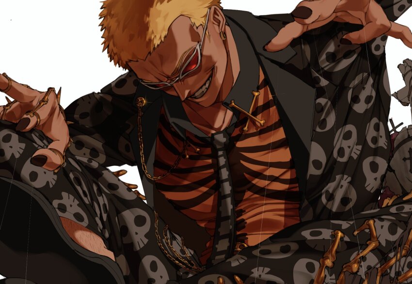 1boy aster0112 black_jacket black_nails black_necktie black_pants blonde_hair collared_shirt donquixote_doflamingo earrings evil_grin evil_smile grin halloween_costume highres jacket jewelry leg_hair male_focus multiple_rings necktie official_alternate_costume one_piece orange_shirt pants ring shirt short_hair sitting skull_print smile sunglasses white_background