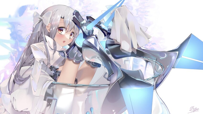 1girl armored_boots blue_eyes blush boots bow bowl breasts cosplay cropped_jacket fate/extra fate/extra_ccc fate/kaleid_liner_prisma_illya fate_(series) glass_bowl hair_bow highres illyasviel_von_einzbern jacket long_hair long_sleeves looking_at_viewer meltryllis_(fate) meltryllis_(fate)_(cosplay) meltryllis_(third_ascension)_(fate) navel open_mouth oversized_object pei_iriya prosthesis prosthetic_leg red_eyes sidelocks sleeves_past_fingers sleeves_past_wrists small_breasts solo white_hair white_jacket