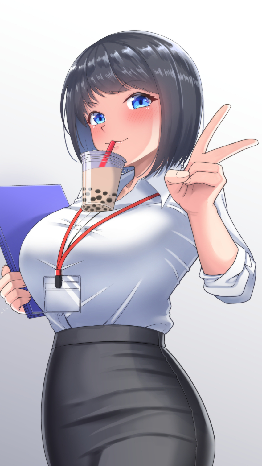 1girl black_hair black_skirt blue_eyes blush bob_cut breasts bubble_tea bubble_tea_challenge buttons collared_shirt commentary_request cowboy_shot cup disposable_cup dress_shirt drinking drinking_straw drinking_straw_in_mouth fingernails gradient_background grey_background hand_up high-waist_skirt highres holding_binder id_card lanyard large_breasts looking_at_viewer looking_to_the_side object_on_breast office_lady original pencil_skirt shirt shirt_tucked_in shittori_bouzu skirt sleeves_rolled_up solo tented_shirt v white_background white_shirt yuiko_(shittori_bouzu)