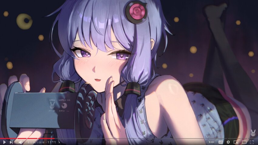 17b 1girl animal_print asmr bare_shoulders black_shorts black_thighhighs blush commentary feet_up grey_shirt hair_ornament heart highres holding holding_microphone legs_up looking_at_viewer lying microphone no_shoes on_stomach open_mouth purple_eyes purple_hair rabbit_print shirt short_hair_with_long_locks shorts sidelocks sleeveless sleeveless_shirt smile solo symbol_in_eye the_pose thighhighs translated vocaloid youtube yuzuki_yukari