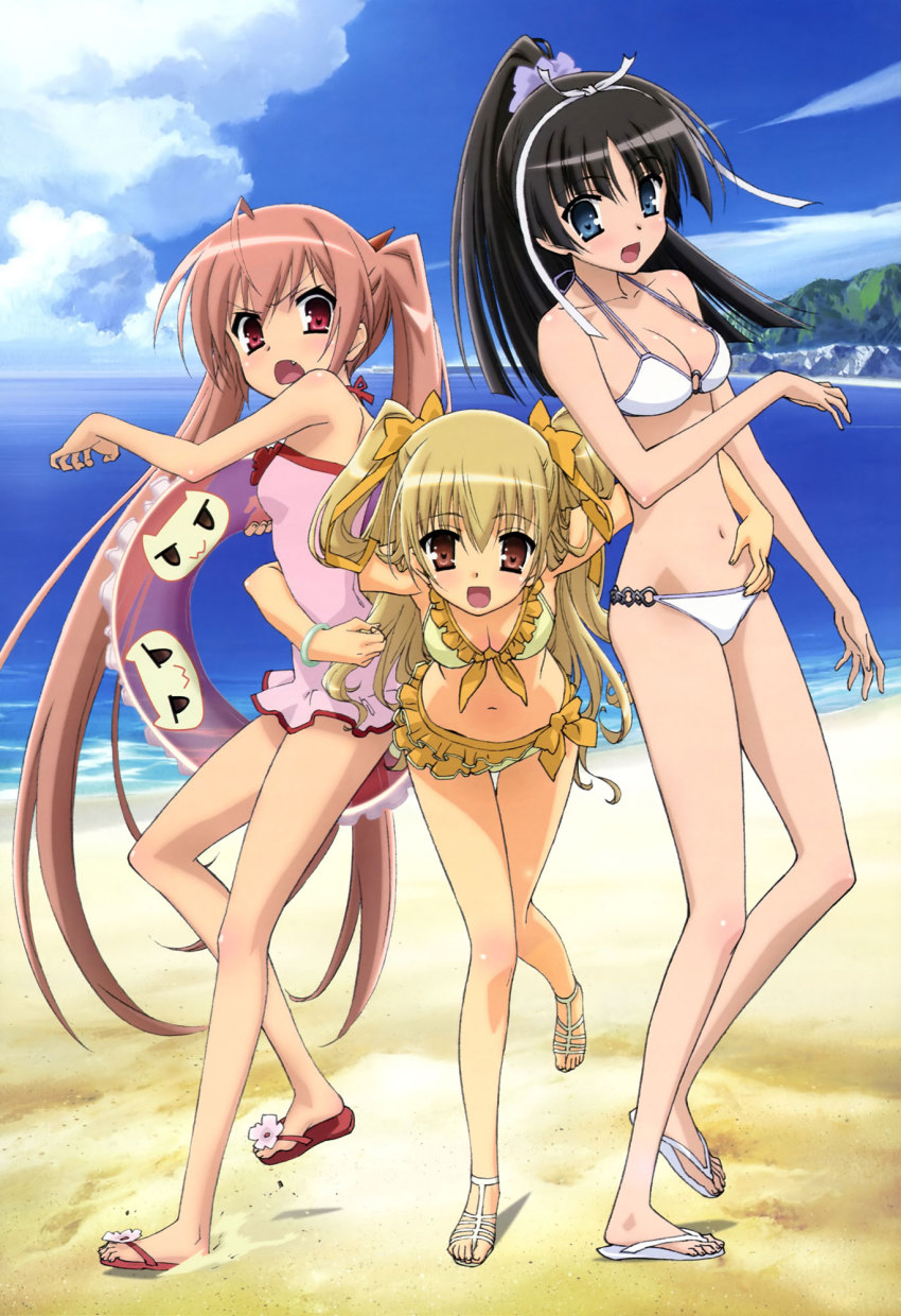 3girls beach bikini black_hair blonde_hair blue_eyes bow breasts cleavage fang feet flip-flops hair_bow hidan_no_aria highres hotogi_shirayuki innertube iwakura_kazunori kanzaki_h._aria legs long_hair mine_riko multiple_girls ocean official_art open_mouth red_eyes sandals swim_ring swimsuit twintails very_long_hair water