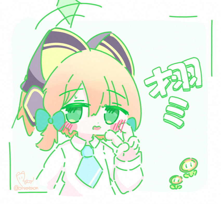 1girl animal_ear_headphones animal_ears aqua_background aqua_necktie artist_name blonde_hair blue_archive blush blush_stickers border bow cat_ear_headphones cat_ears character_name collared_shirt commentary cropped_arms dot_nose fake_animal_ears fire_flower green_bow green_eyes green_halo hair_between_eyes hair_bow halo hand_up headphones long_sleeves looking_at_viewer low-tied_sidelocks medium_hair midori_(blue_archive) necktie no_jacket onrataon open_mouth parted_bangs school_uniform shirt sidelocks signature simple_background solo sweatdrop twitter_username upper_body v white_border white_shirt