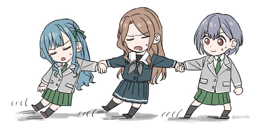 3girls akni bang_dream! bang_dream!_it&#039;s_mygo!!!!! black_socks blue_ribbon blue_shirt blue_skirt braid brown_hair closed_eyes collared_shirt commentary dragging green_skirt grey_hair grey_jacket grey_neckerchief hair_ribbon haneoka_school_uniform jacket kneehighs long_hair multiple_girls nagasaki_soyo neckerchief open_mouth pleated_skirt ribbon school_uniform shirt short_hair sidelocks simple_background skirt socks sweatdrop symbol-only_commentary takamatsu_tomori togawa_sakiko tsukinomori_school_uniform twitter_username white_background